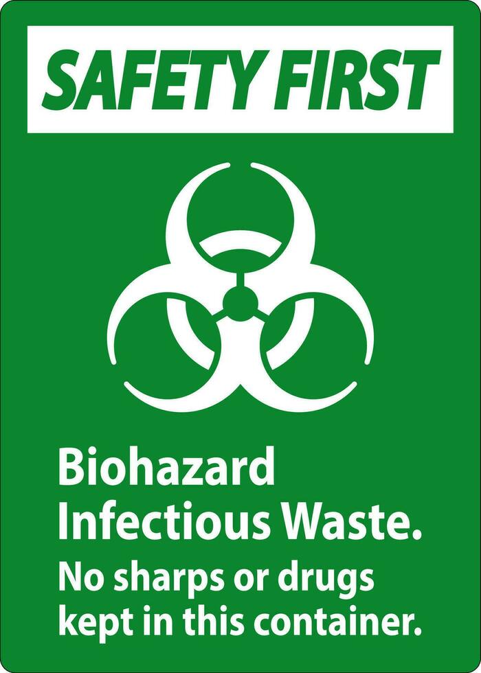 säkerhet först märka biohazard infektiös avfall, Nej vassa eller läkemedel hålls i detta behållare vektor