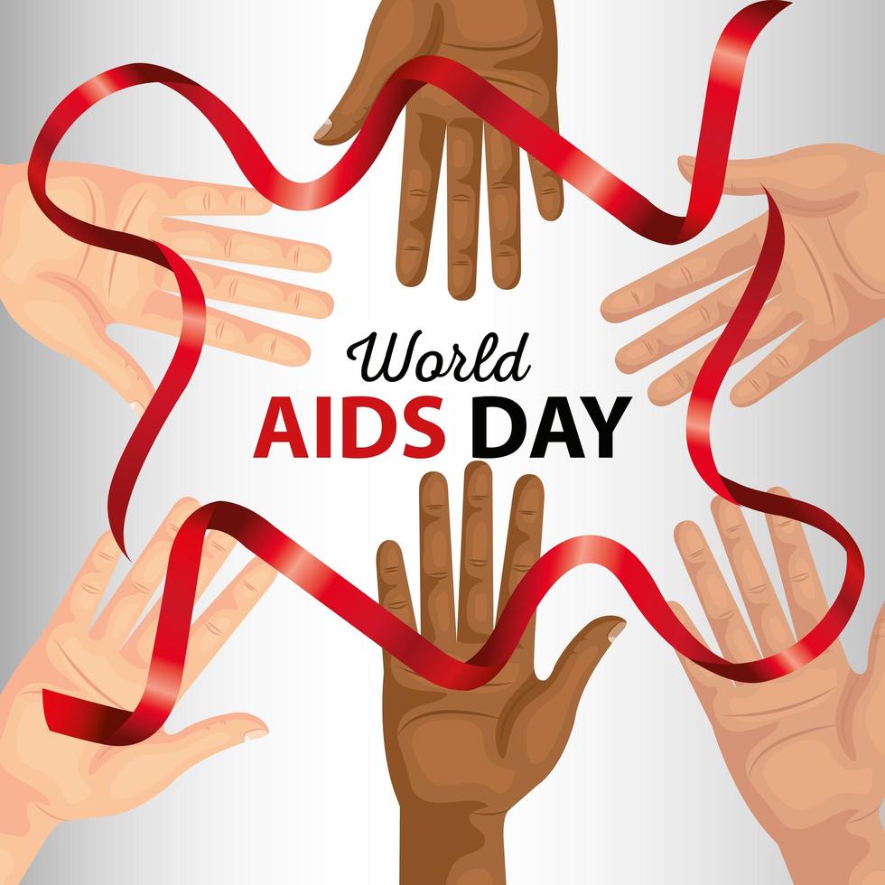 Poster Welt-Aids-Tag mit Händen und Band vektor