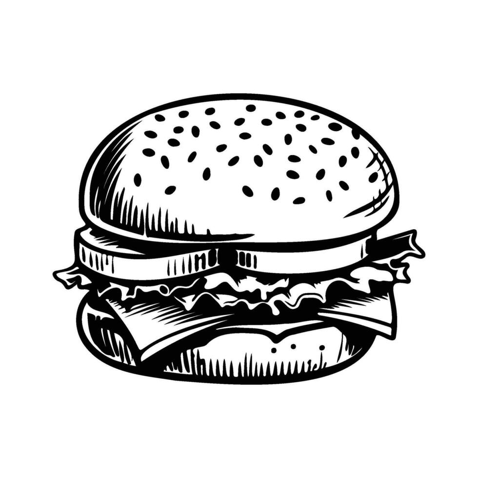 hamburgare hand dragen vektor illustration skiss retro stil, utsökt årgång etsning mat design. amerikan burger vektor hamburgare årgång stil isolerat på vit