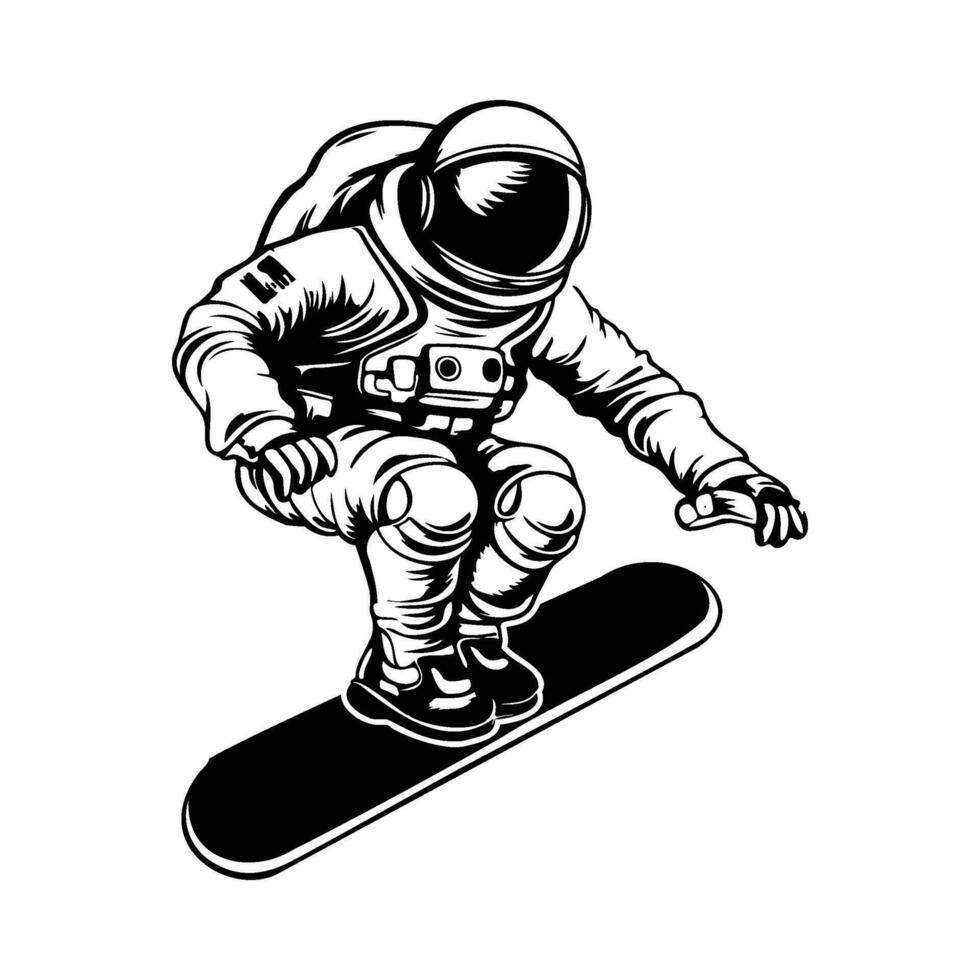 astronaut på snowboardåkare i Plats, astronaut på en surfing styrelse tecknad serie vektor