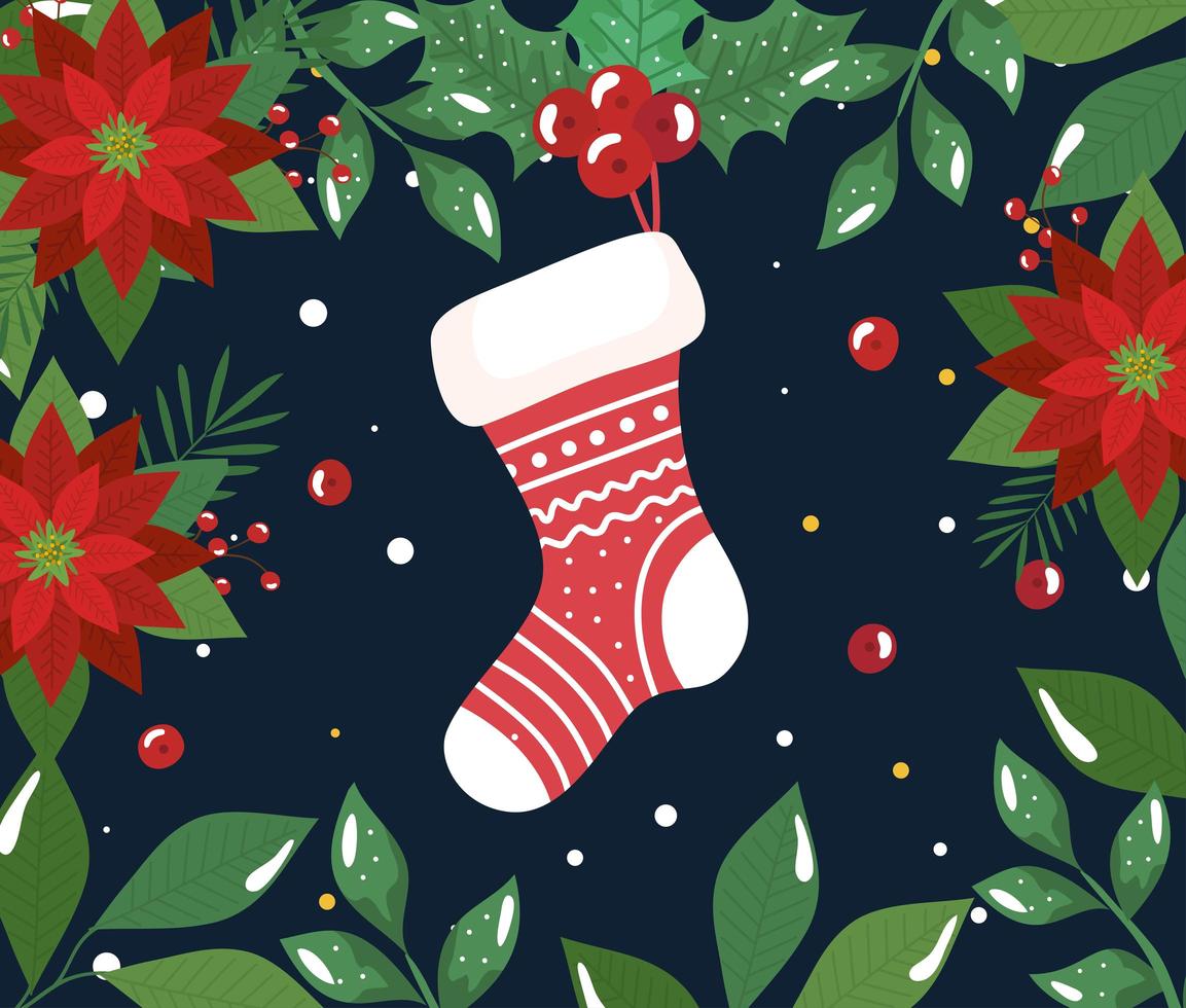 Frohe Weihnachten Poster mit Socken und Blumendekoration vektor