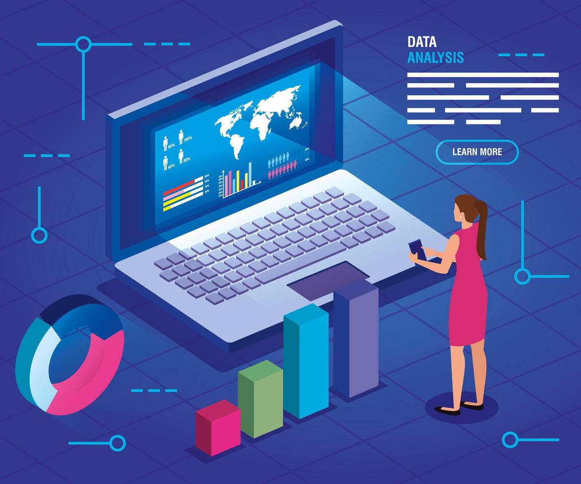 affärskvinna med bärbar dator och analysdata vektor
