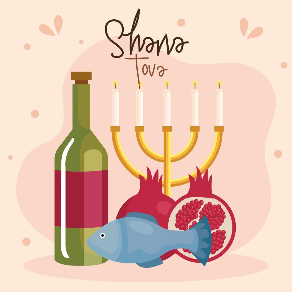 rosh hashanah-firande, judiskt nytt år, med ljuskrona, fisk, granatäpple och flaskvin vektor
