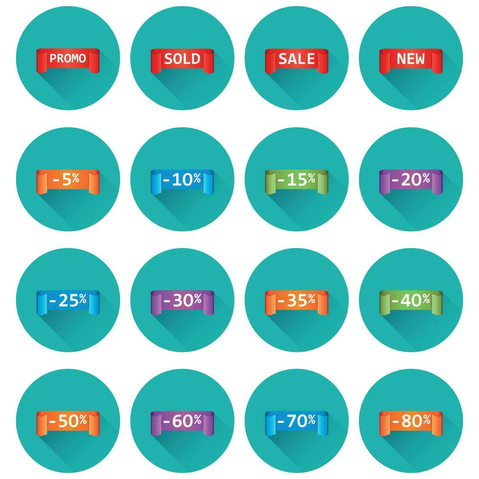 uppsättning av färgrik försäljning märka etiketter. rabatt upp till 5 - 80 procent. handla vektor illustration med lång skugga.