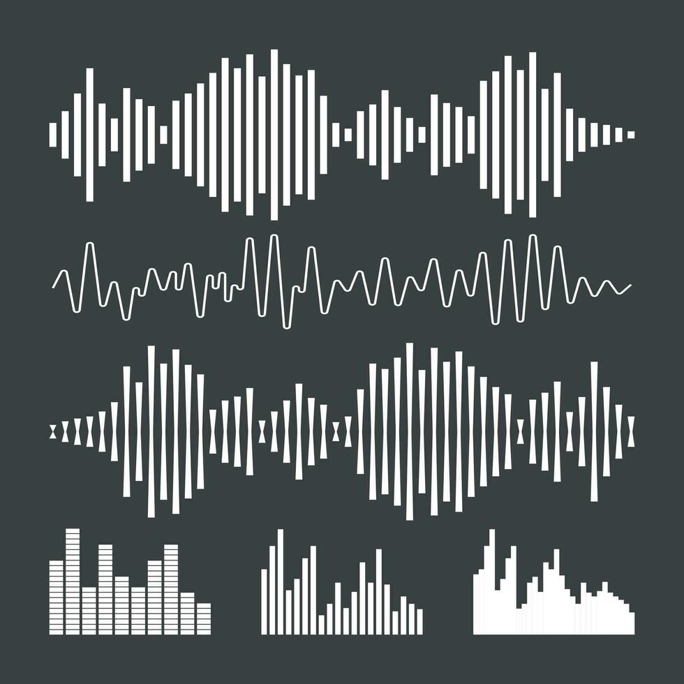 Vektor Klang Wellenformen Symbol. Klang Wellen und Musical Impuls Vektor Illustration auf schwarz Hintergrund.