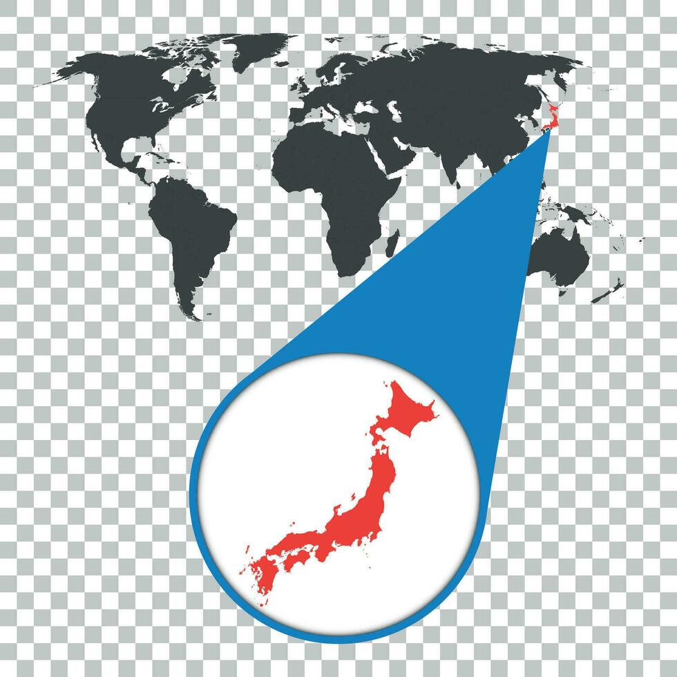 Welt Karte mit Zoomen auf Japan. Karte im Lupe. Vektor Illustration im eben Stil