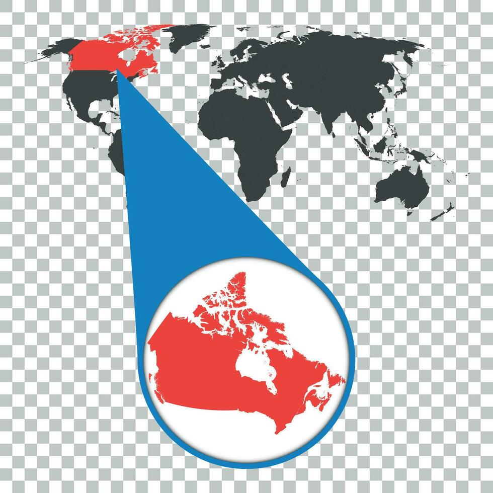 Welt Karte mit Zoomen auf Kanada. Karte im Lupe. Vektor Illustration im eben Stil