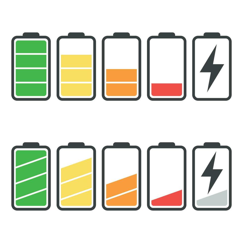 Batterie Symbol Vektor einstellen isoliert auf Weiß Hintergrund. Symbole von Batterie aufladen eben, voll und niedrig. das Grad von Batterie Leistung eben Vektor Illustration.