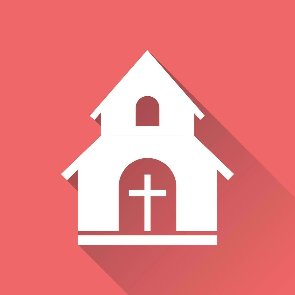 Kirche Heiligtum Vektor Illustration Symbol. einfach eben Piktogramm zum Geschäft, Marketing, Handy, Mobiltelefon Anwendung, Internet auf rot Hintergrund mit lange Schatten.