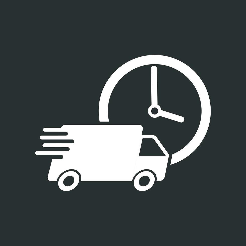 Lieferung 24h LKW mit Uhr Vektor Illustration. 24 Std schnell Lieferung Bedienung Versand Symbol. einfach eben Piktogramm zum Geschäft, Marketing oder Handy, Mobiltelefon App Internet Konzept auf schwarz Hintergrund.