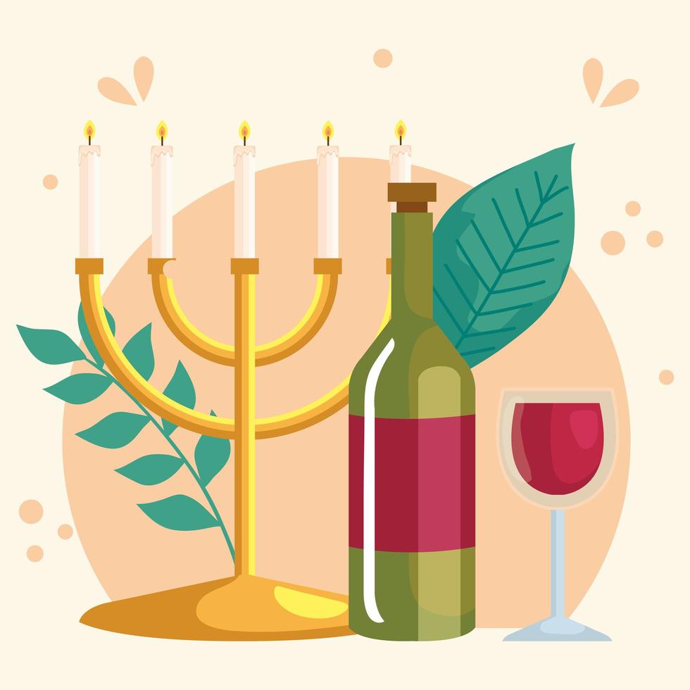 rosh hashanah firande, judiskt nytt år, med vin och ljuskrona vektor