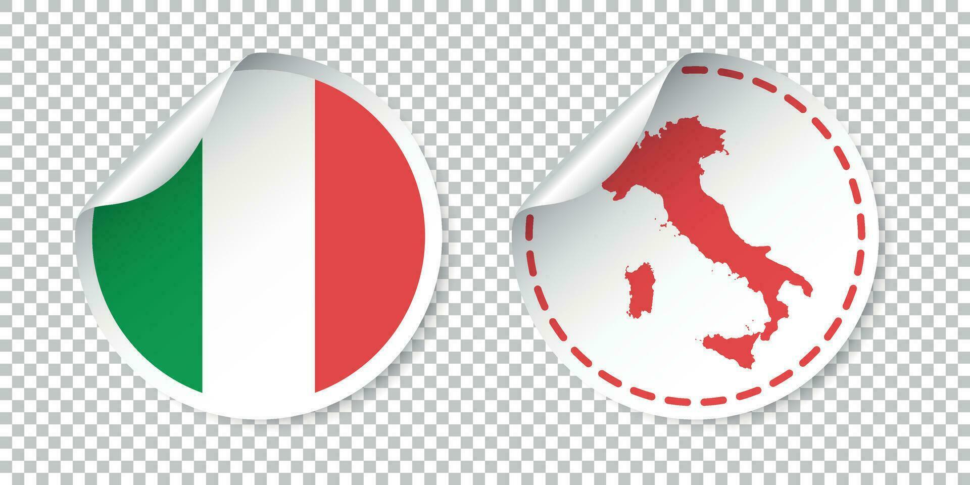 Italien Aufkleber mit Flagge und Karte. Etikett, runden Etikett mit Land. Vektor Illustration auf isoliert Hintergrund.