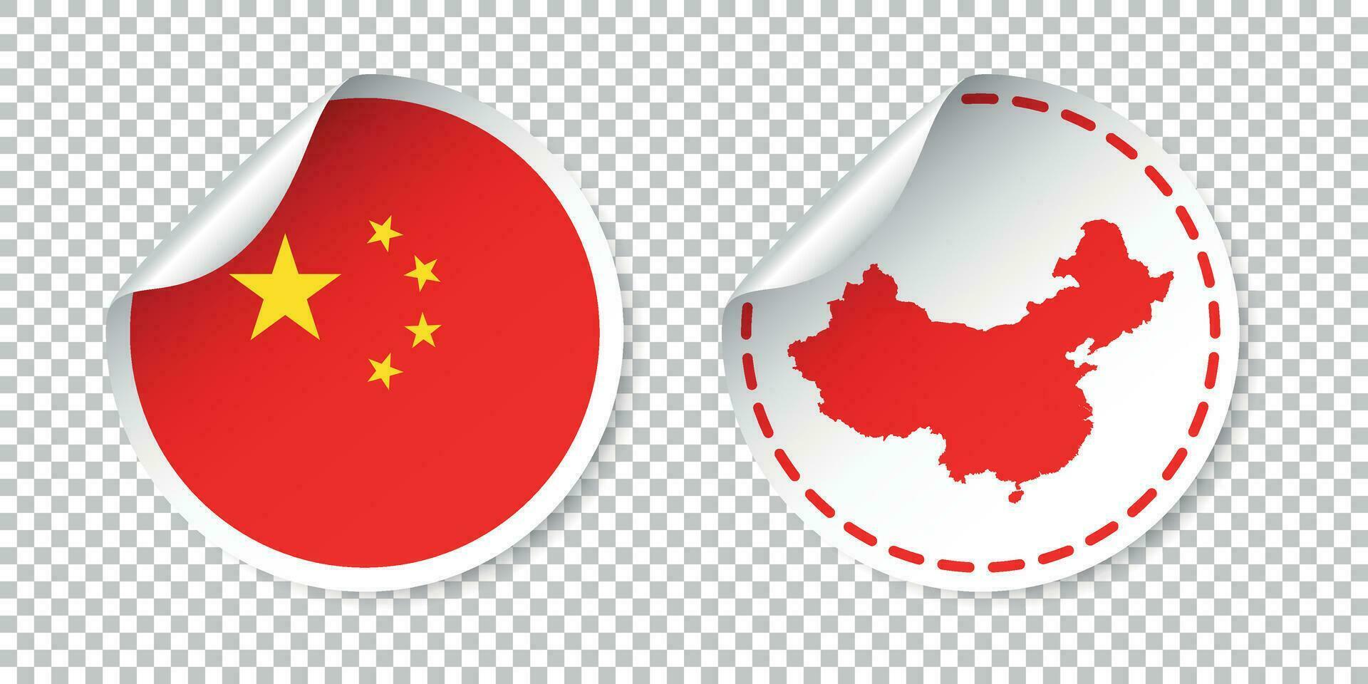 China Aufkleber mit Flagge und Karte. Etikett, runden Etikett mit Land. Vektor Illustration auf isoliert Hintergrund.