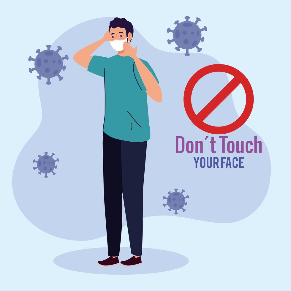 Berühren Sie nicht Ihr Gesicht, junger Mann mit Atemschutz, vermeiden Sie es, Ihr Gesicht zu berühren, Prävention von Coronavirus covid19vid vektor