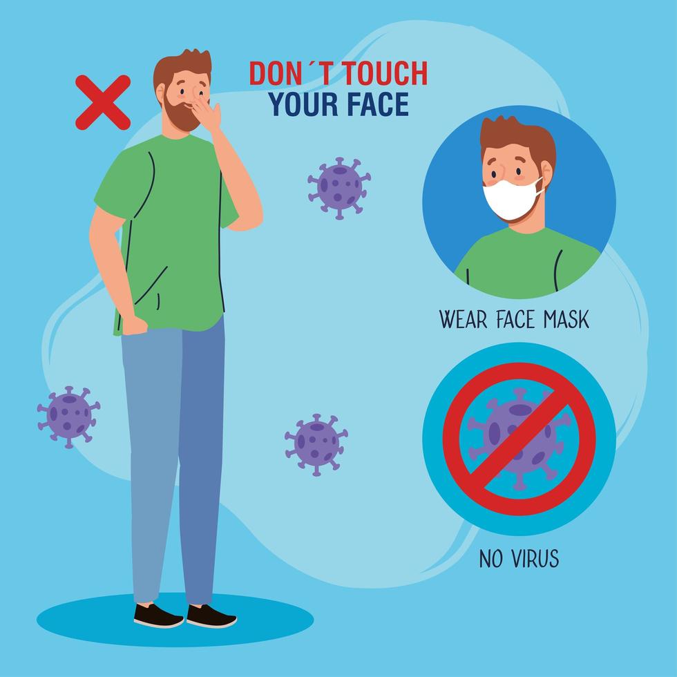 rör inte ditt ansikte, man som bär andningsskydd, undvik att röra vid ditt ansikte, coronavirus covid19 förebyggande vektor