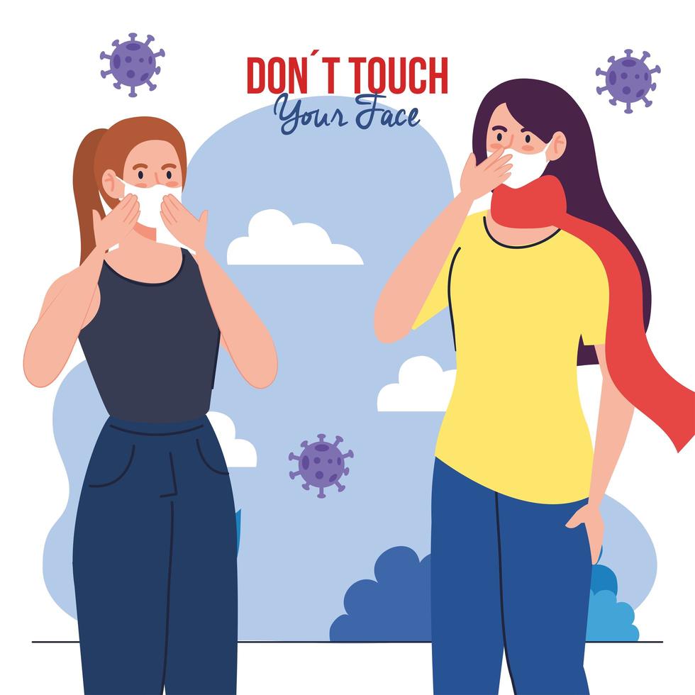 rör inte ditt ansikte, kvinnor som använder ansiktsmask utomhus, undvik att röra vid ditt ansikte, koronavirus covid19 förebyggande vektor