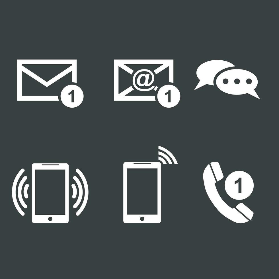 Kontakt Tasten einstellen Symbole. Email, Umschlag, Telefon, Handy, Mobiltelefon. Vektor Illustration im eben Stil auf schwarz Hintergrund.