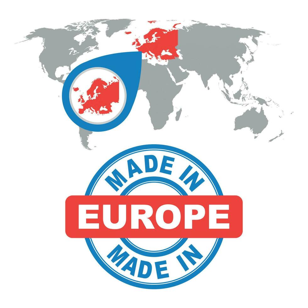 tillverkad i Europa stämpel. värld Karta med röd Land. vektor emblem i platt stil på vit bakgrund.