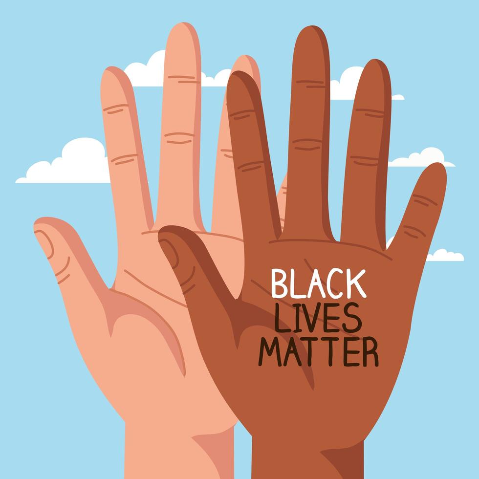 stoppa rasism, med händer och moln på bakgrund, svart liv betyder koncept vektor