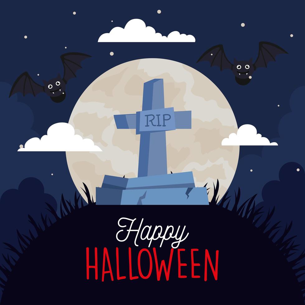 lycklig halloween-banner med gravsten, fladdermöss som flyger och månen i bakgrunden vektor