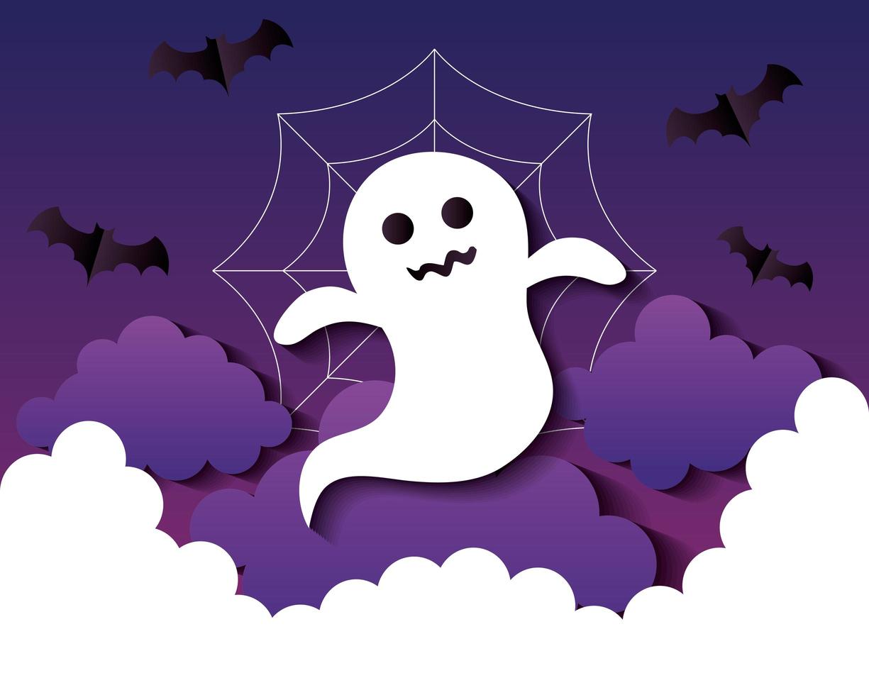 Fröhliches Halloween-Banner mit Geist, Wolken und Fledermäusen, die im Scherenschnitt-Stil fliegen vektor