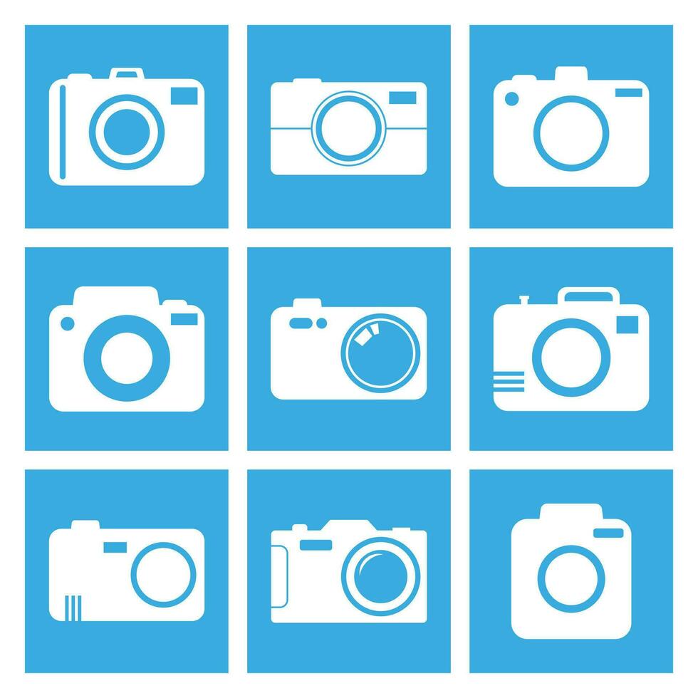 Kamera Symbol einstellen auf Blau Hintergrund. Vektor Illustration im eben Stil mit Fotografie Symbole.