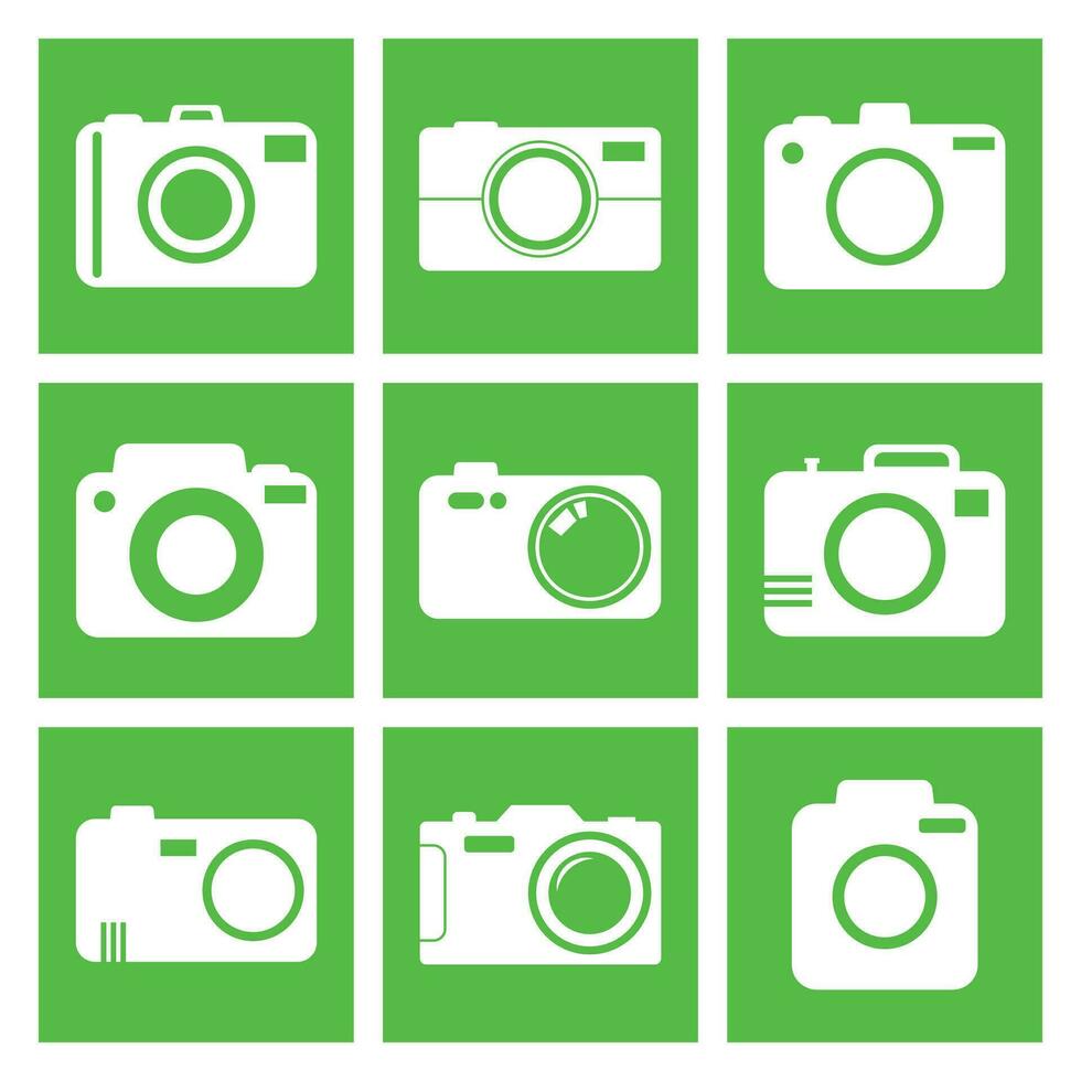 Kamera Symbol einstellen auf Grün Hintergrund. Vektor Illustration im eben Stil mit Fotografie Symbole.