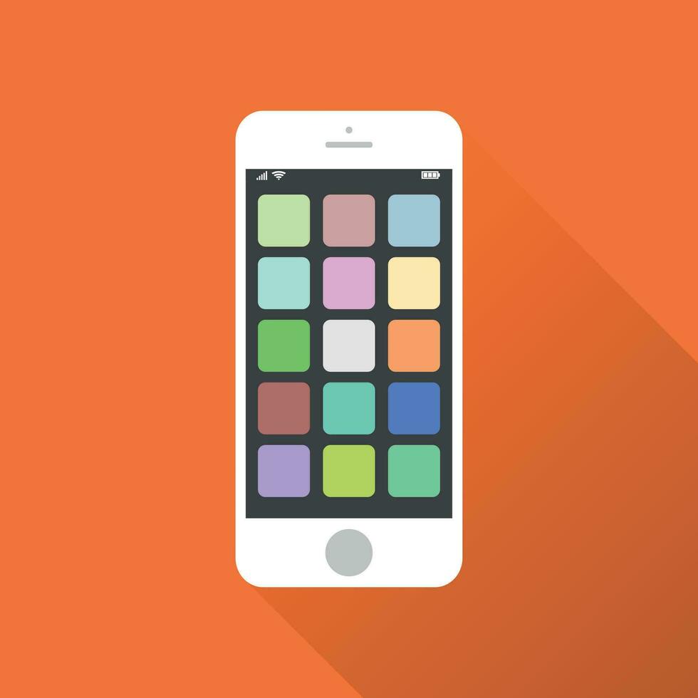 smartphone ikon. vektor illustration på orange bakgrund med skugga. telefon i iphone stil med app ikoner.