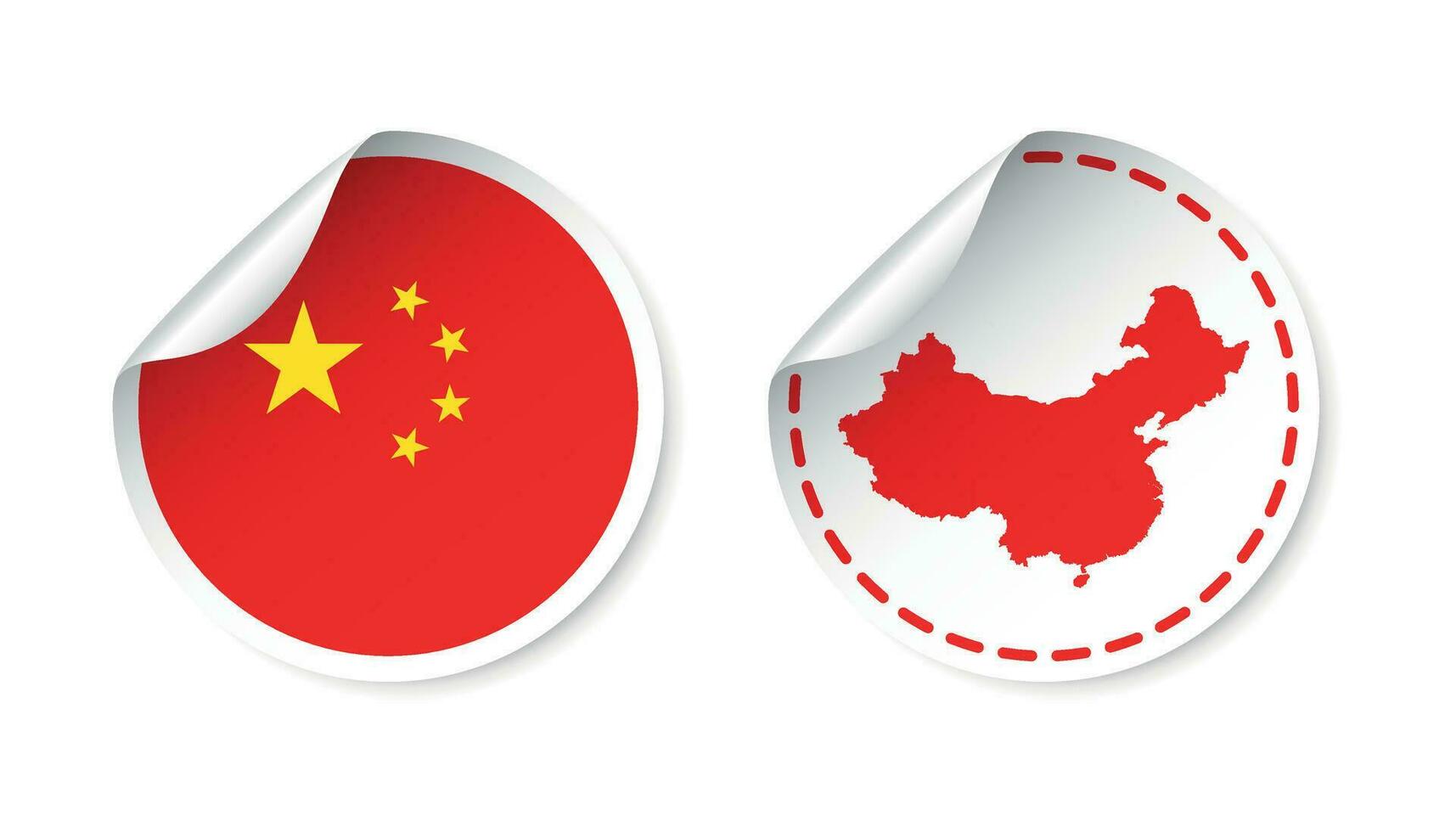 China Aufkleber mit Flagge und Karte. Etikett, runden Etikett mit Land. Vektor Illustration auf Weiß Hintergrund.