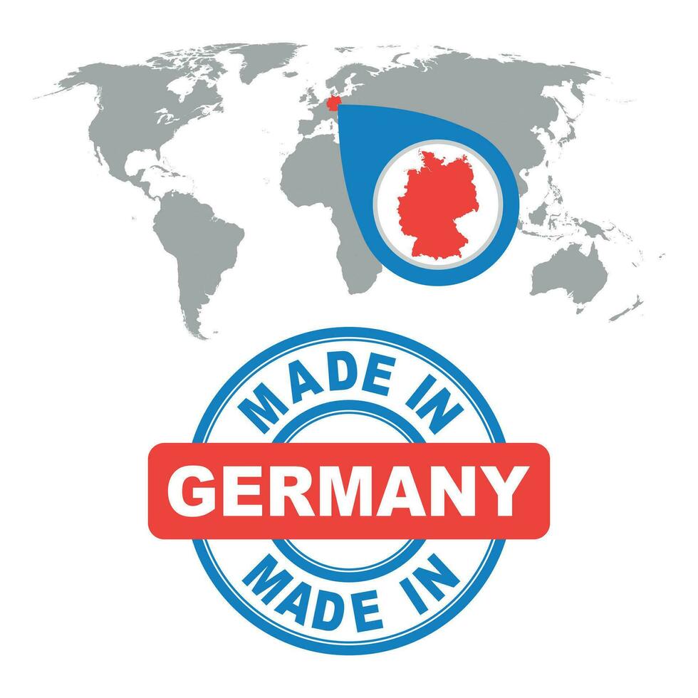 tillverkad i Tyskland stämpel. värld Karta med röd Land. vektor emblem i platt stil på vit bakgrund.