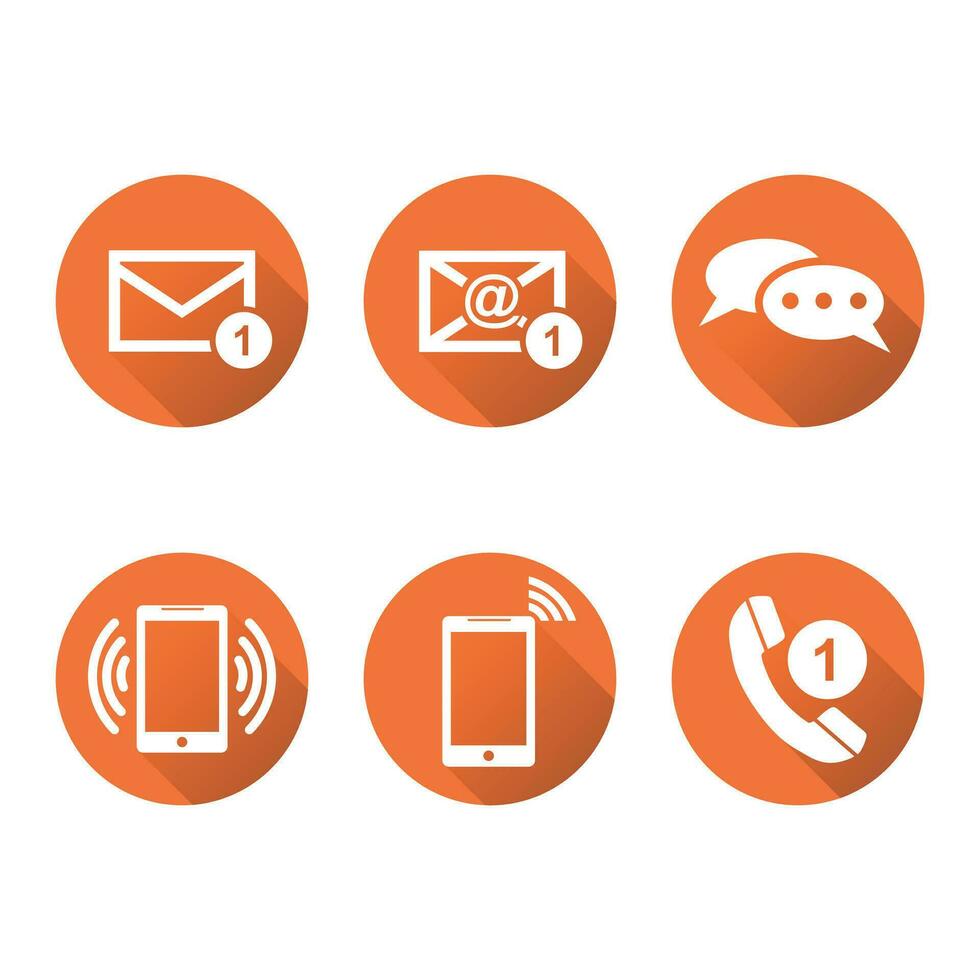 Kontakt Tasten einstellen Symbole. Email, Umschlag, Telefon, Handy, Mobiltelefon. Vektor Illustration im eben Stil auf runden Orange Hintergrund mit Schatten.
