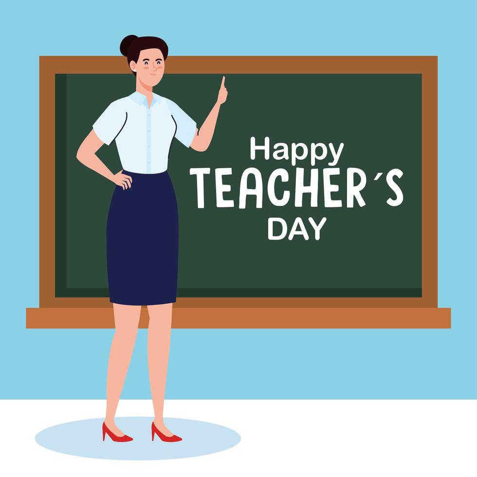 Happy Teachers Day, mit Lehrerin und Tafel vektor