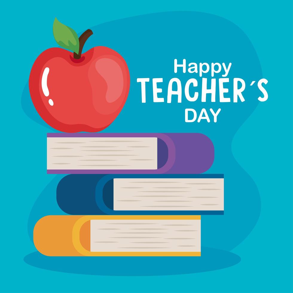 Happy Teachers Day, mit Stapelbüchern und Apfelfrucht vektor