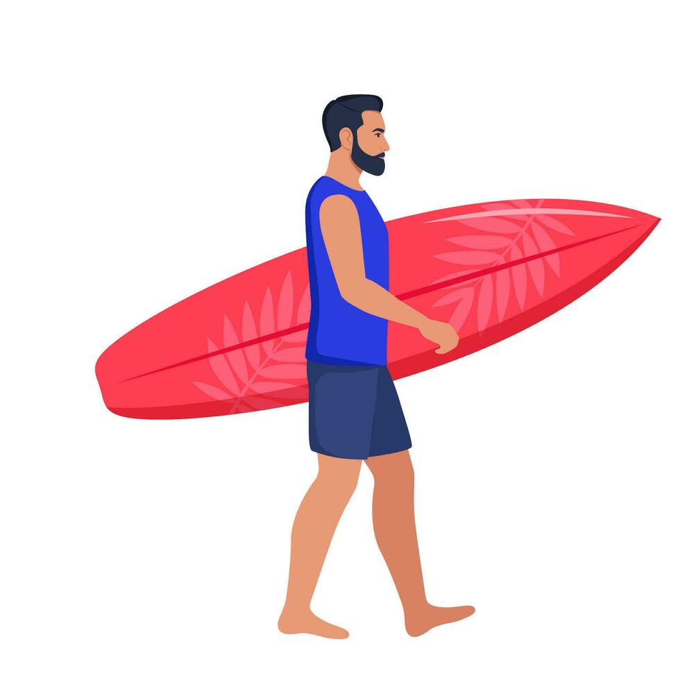 jung Mann Spaziergänge mit ein Surfbrett gegenüber das Meer. Vektor Illustration.
