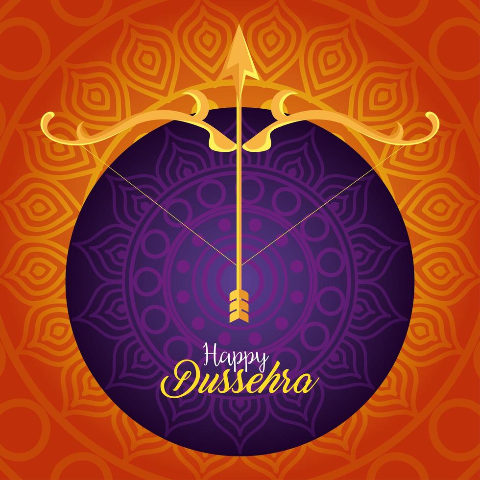 Fröhliches Dussehra-Fest mit goldenem Pfeil und Bogen auf orangefarbenem und violettem Hintergrund vektor