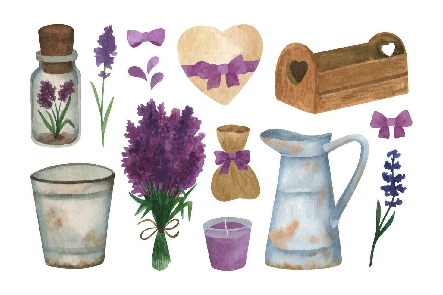 årgång lavendel- vattenfärg ClipArt med provence bukett, trä låda, väska, pilbågar, hink, kanna vektor