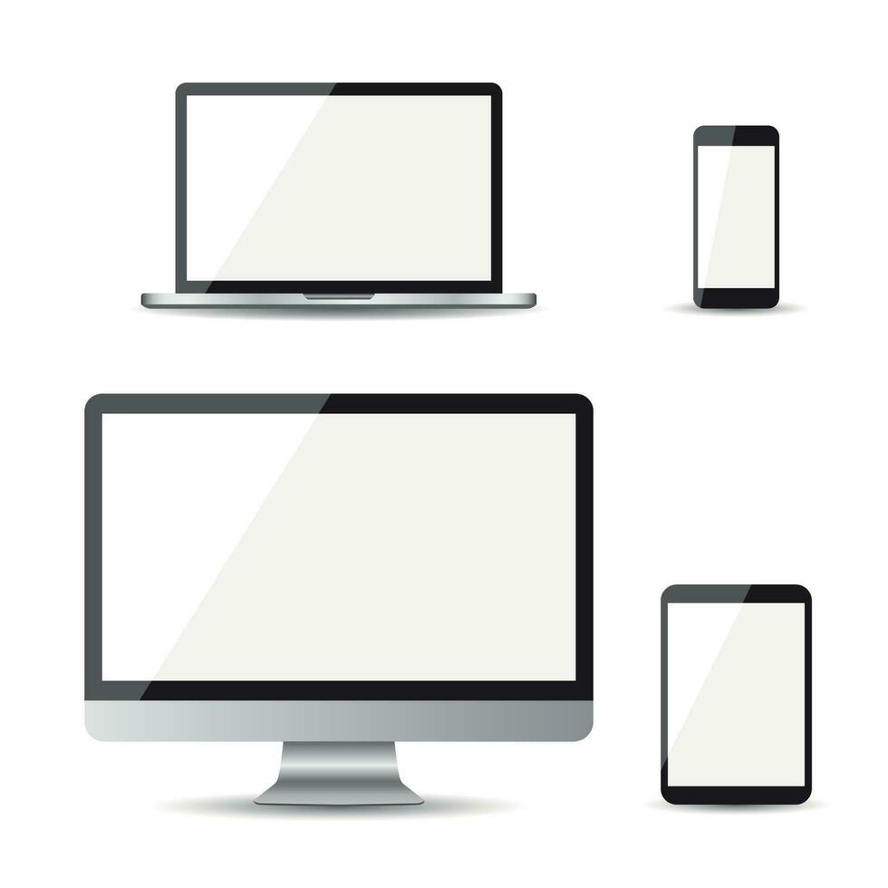 realistisk enhet platt ikoner smartphone, läsplatta, bärbar dator och skrivbordet dator. vektor illustration på vit bakgrund