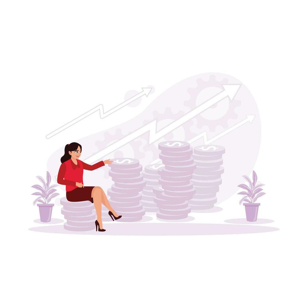 Geschäftsfrau ist Sitzung auf ein Stapel von Münzen und Zählen das Stapel Vor ihr. Investition, Finanzen und Wachstum Lager Konzept. Trend modern Vektor eben Illustration.