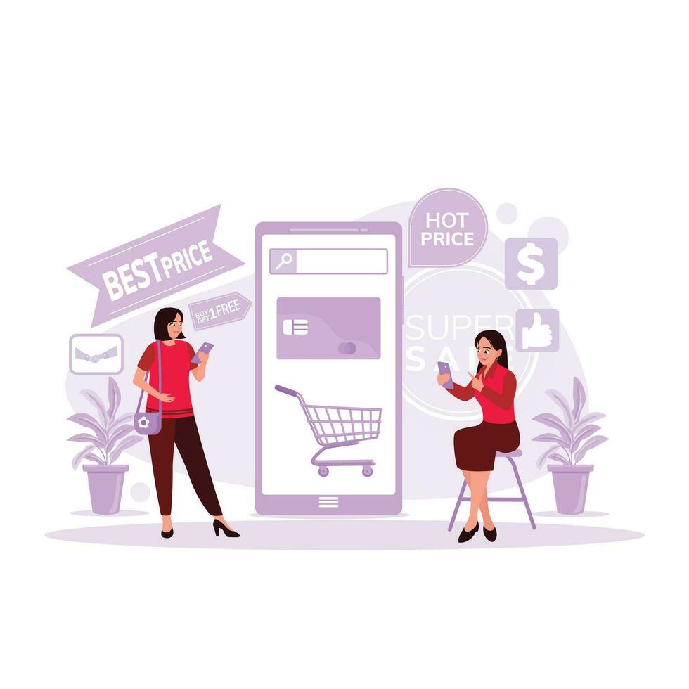 zwei Frauen sind Sitzung und Stehen, Öffnung Smartphones, und Öffnung ein online Verkauf Geschäft omni Kanal Anwendung. Trend modern Vektor eben Illustration.