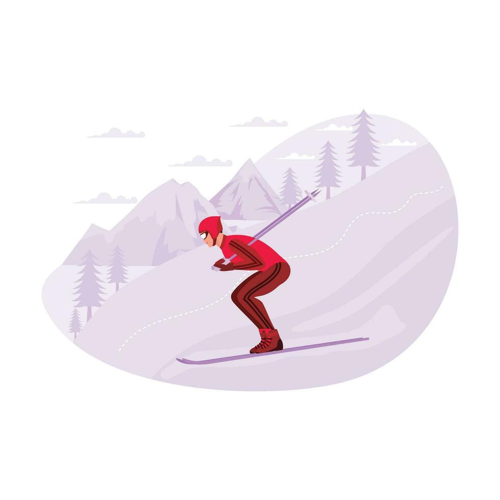 jung Skifahrer tun großartig im ein Wettbewerb im das Alpen. Trend modern Vektor eben Illustration.