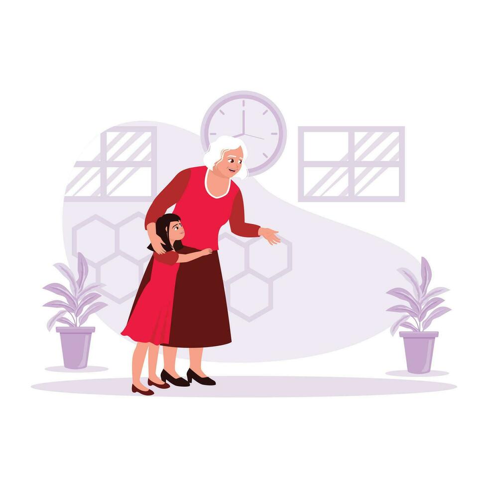 Lycklig stunder av mormor och barnbarn utgifterna tid tillsammans och värma kramar från barnbarn till mormor. trend modern vektor platt illustration.