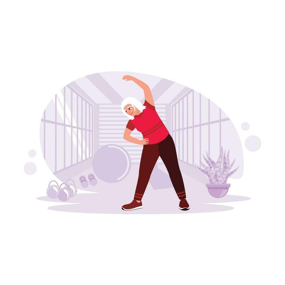 älter Frauen Pflege zum ihr Gesundheit durch Dehnen Übungen im das Sport Verein. Trend modern Vektor eben Illustration.