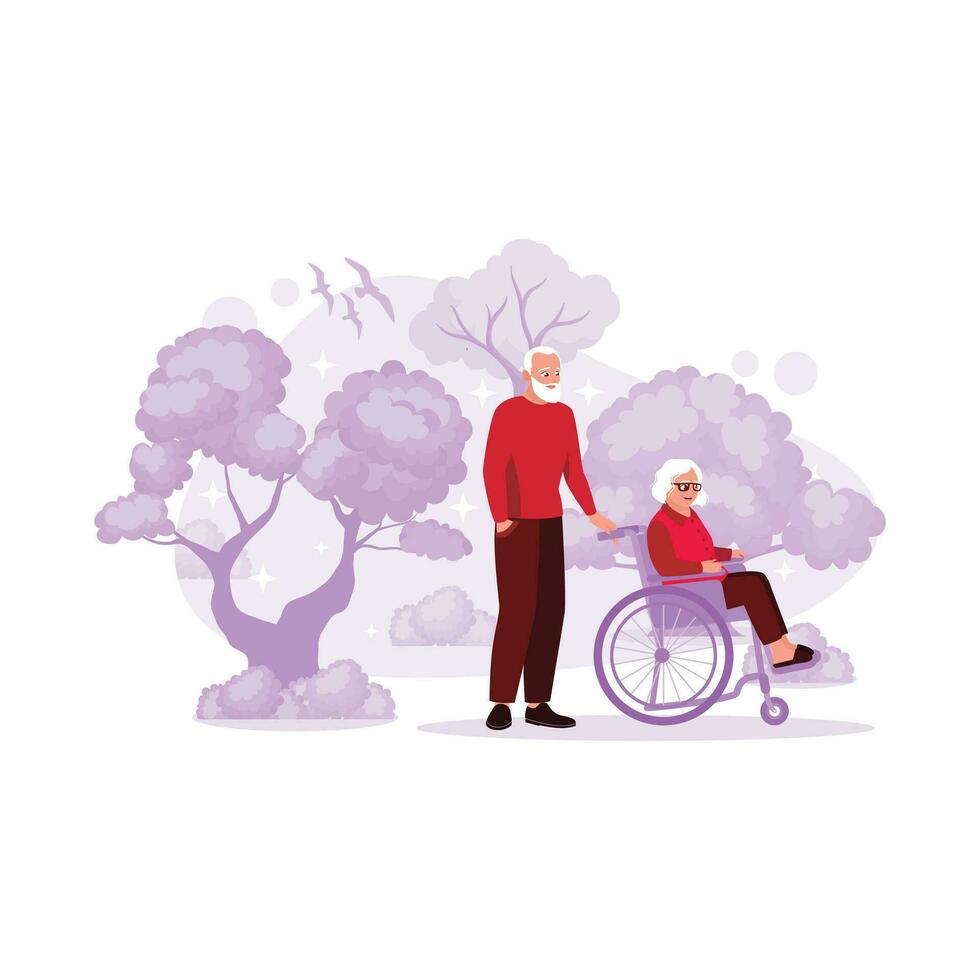 de äldre par är tillsammans i de parkera, och de farfar skjuter mormors rullstol. trend modern vektor platt illustration.