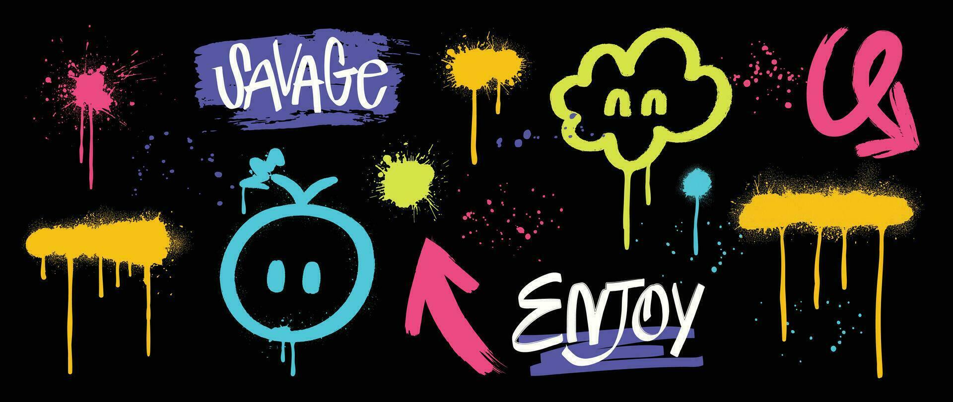 einstellen von Graffiti sprühen Farbe Vektor. Bürste Farbe Tinte tropfen Sammlung von Text Wort, Pfeil, Emoji, Wolke, Stelle, genießen. Neon- sprühen Design Illustration zum Dekoration, Karte, Aufkleber, Straße Kunst. vektor