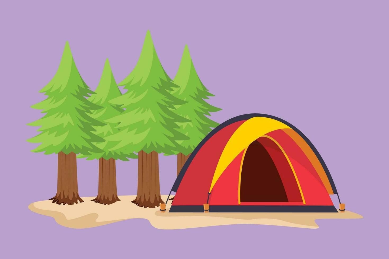 Karikatur eben Stil Zeichnung Tourist Zelt im Kiefer Wald, Berge auf wolkig Himmel. Sommer- Camping Logo, Symbol, Symbol. natürlich draussen Aktivitäten. Zelt und Feuer Lager. Grafik Design Vektor Illustration