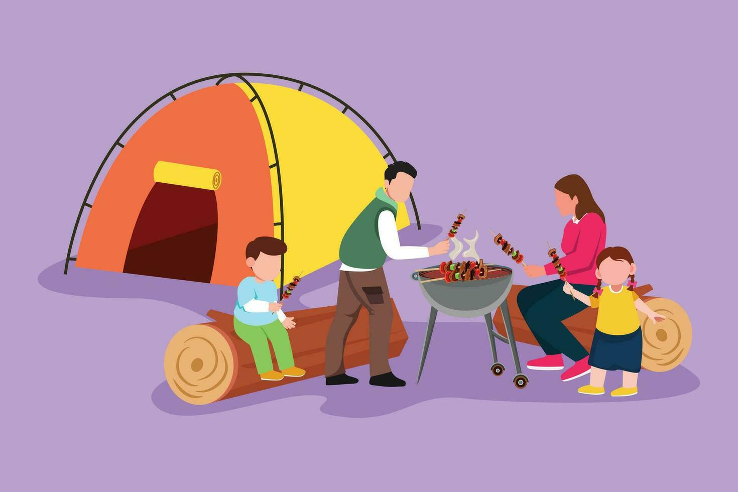 Grafik eben Design Zeichnung glücklich vier Familie Mitglieder sind haben Grill im das Berg. Vater, Mutter und Kinder wandern, Urlaub, Reise und Camping beim Natur. Karikatur Stil Vektor Illustration