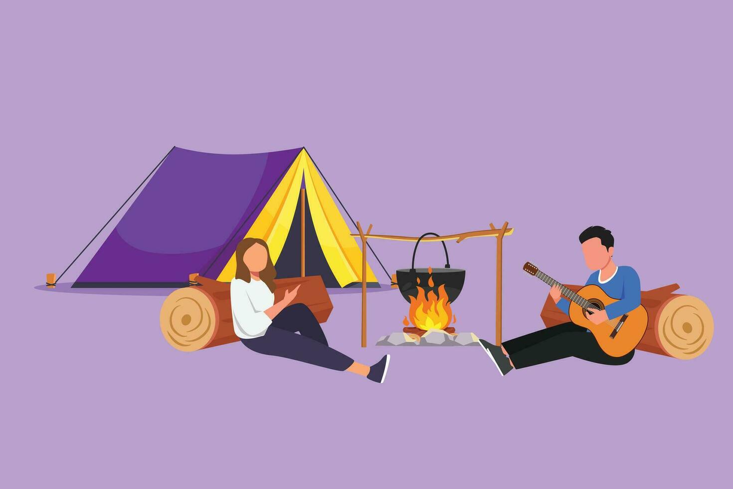 tecknad serie platt stil par turist camping. husbil Sammanträde förbi lägereld Nästa läger tält, kille spelar musik gitarr, människor njut av natur picknick. utomhus- sommar turism. grafisk design vektor illustration
