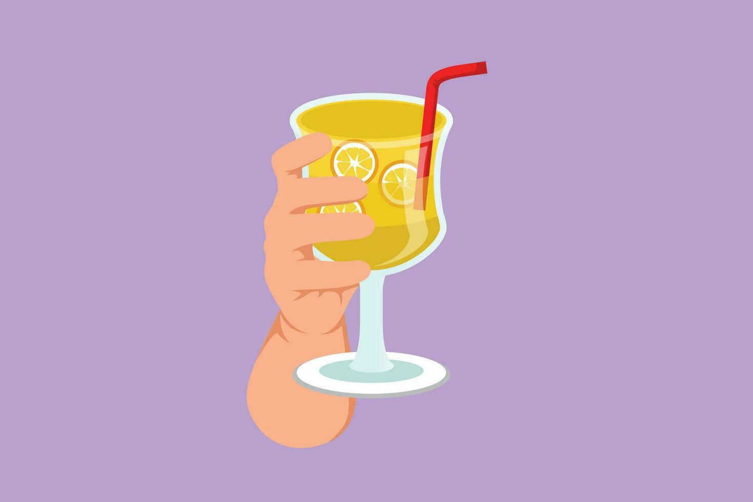 Karikatur eben Stil Zeichnung Hand halten Glas mit Limonade Obst Saft. trinken gemacht von frisch Zitrone Saft. saftig Wasser mit Stroh. entspannend Zeit beim Zuhause mit Familie. Grafik Design Vektor Illustration