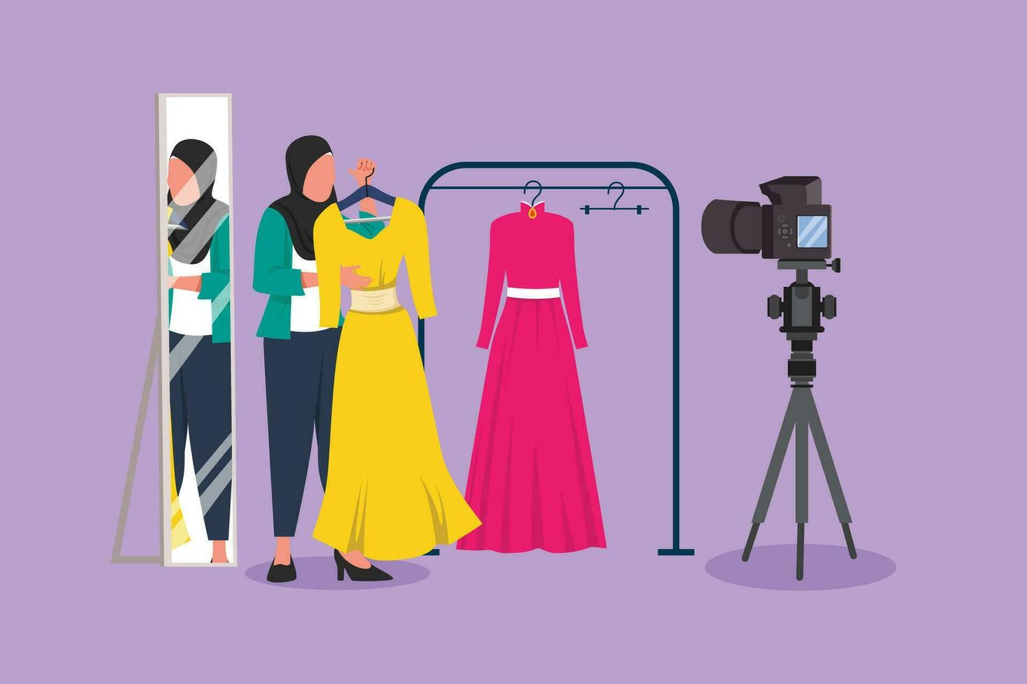 Karikatur eben Stil Zeichnung arabisch Frau Mode Blogger. Kleid, online Einkaufen, Kleidung Geschäft und Lookbooks Influencer Rezension. Stylist, Modefan, Mode Berater. Grafik Design Vektor Illustration