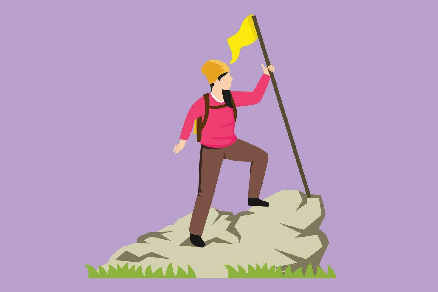 Grafik eben Design Zeichnung schön Frau Bergsteiger Stehen auf oben von Berg mit Flagge. jung lächelnd Bergsteiger Klettern auf Felsen. Abenteuer Tourismus Ausflug Symbol. Karikatur Stil Vektor Illustration